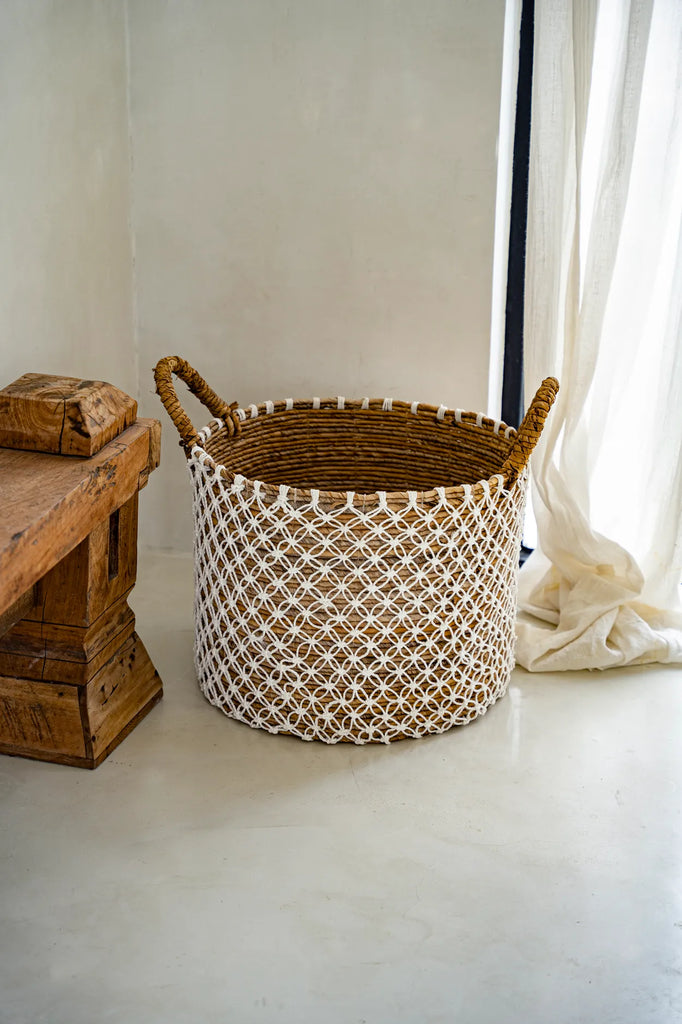 Panier en macramé brodé - Naturel Blanc - L