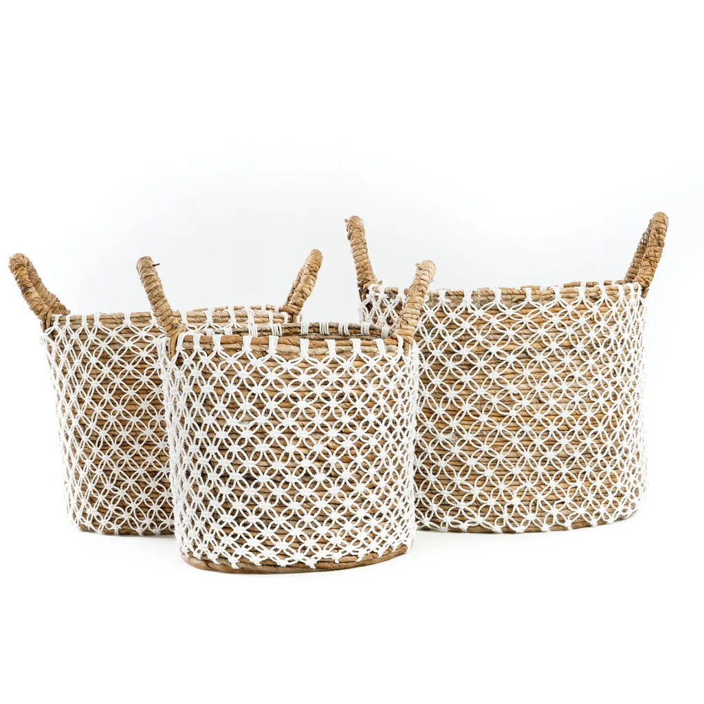 Panier en macramé brodé - Naturel Blanc - L