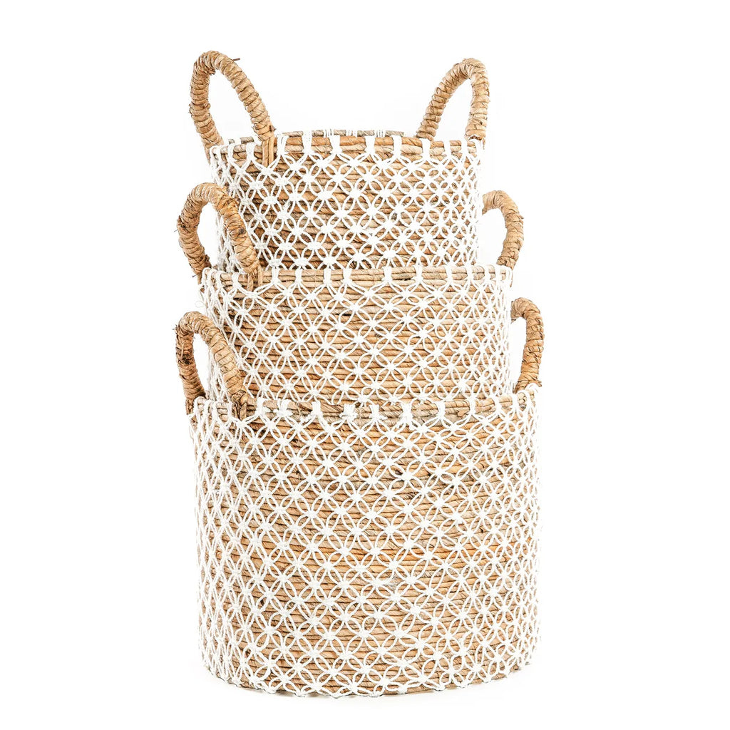 Panier en macramé brodé - Naturel Blanc - L